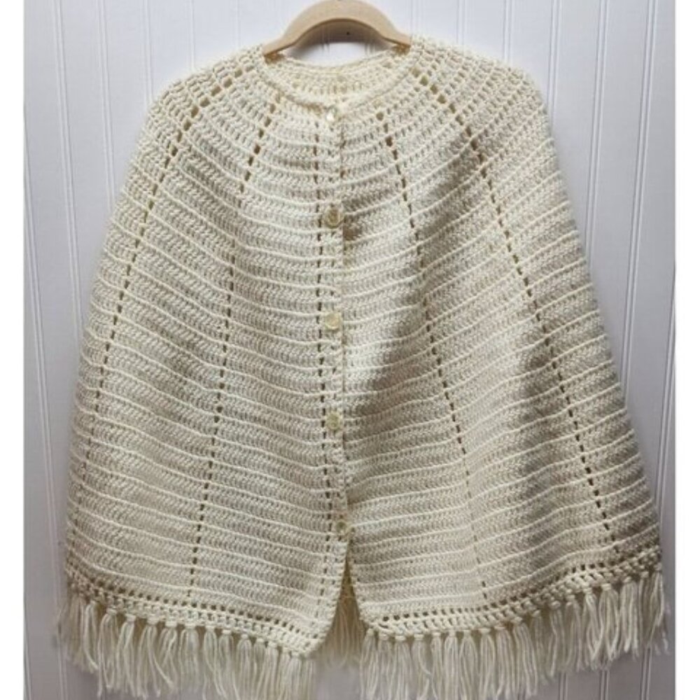 Handmade Wool Blend Crochet Cape With Fringe Trim & Button Closure